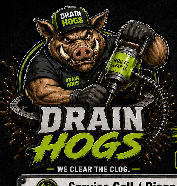 Drain Hogs mascot holding drain cleaning equipment